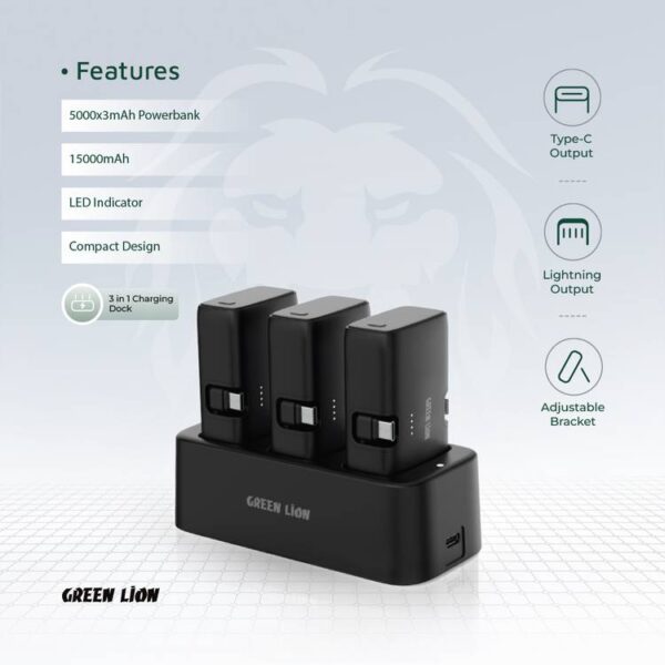 پک سه عددی پاوربانک و شارژر گرین لاین Green Lion 3in1 Power Bank Station GN3IN1PB5KBk – مشکی 185620