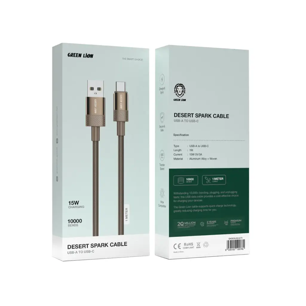 Green Lion Desert Spark Cable USB-A to USB-C 15W - Desert Titanium کابل شارژ گرین191379 Green Lion Desert Spark Cable USB-A to USB-C - Image 1