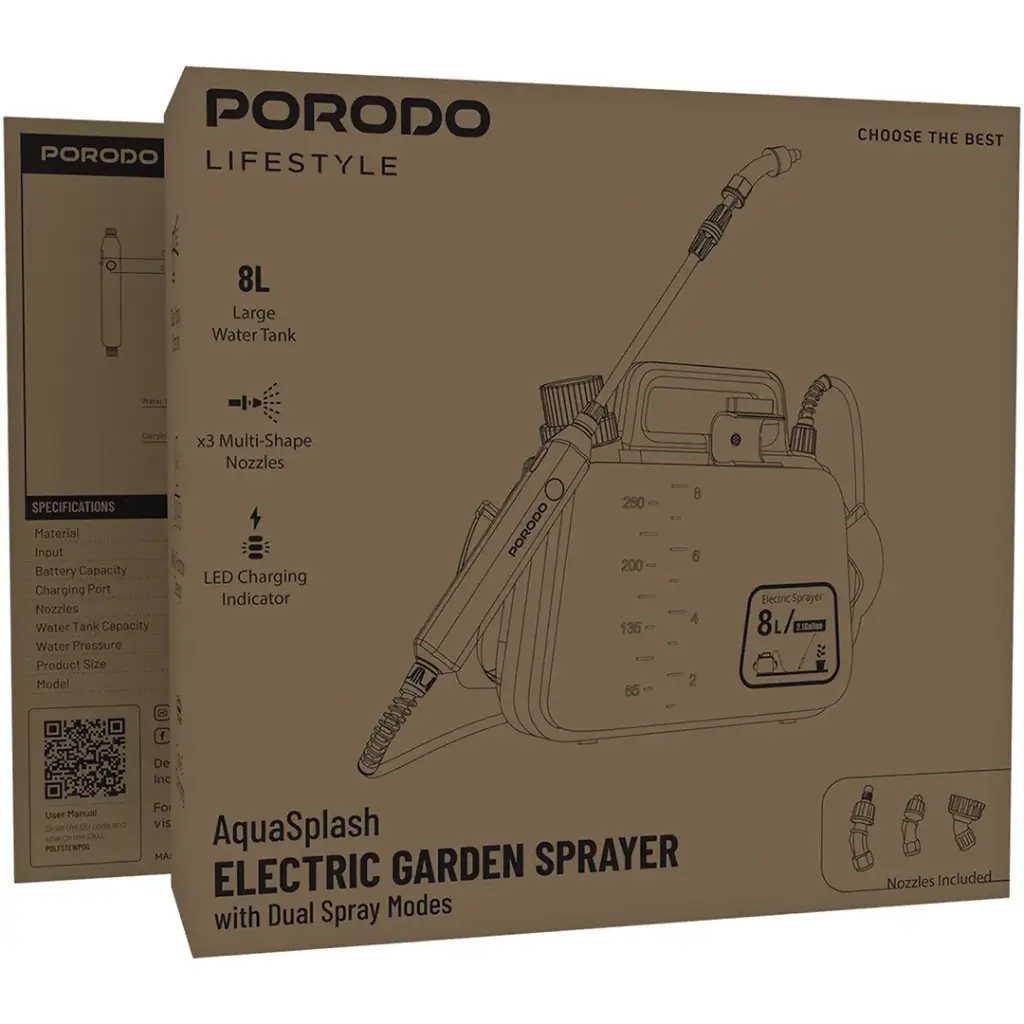 Porodo Lifestyle AquaSplash Electric Garden Sprayer with Dual Spray Modes - Orange سمپاش پورودو 8 لیتر 705052 - Image 1