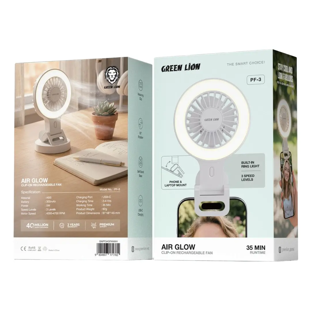 Green Lion Air Glow Clip-On Rechargeable Fan (GNPF3AGFANWH) مینی پنکه شارژی گیره دار ایر گلو گرین سفید صورتی 171782 171850 - Image 1