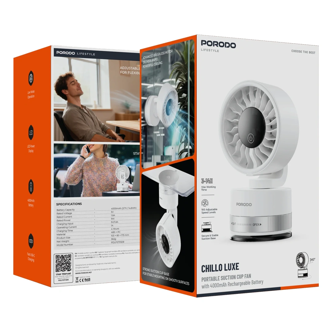 Porodo Chillo Luxe Suction Cup Fan 4000mAh - White مینی پنکه شارژی چیلو لوکس پورودو 600494 - Image 1